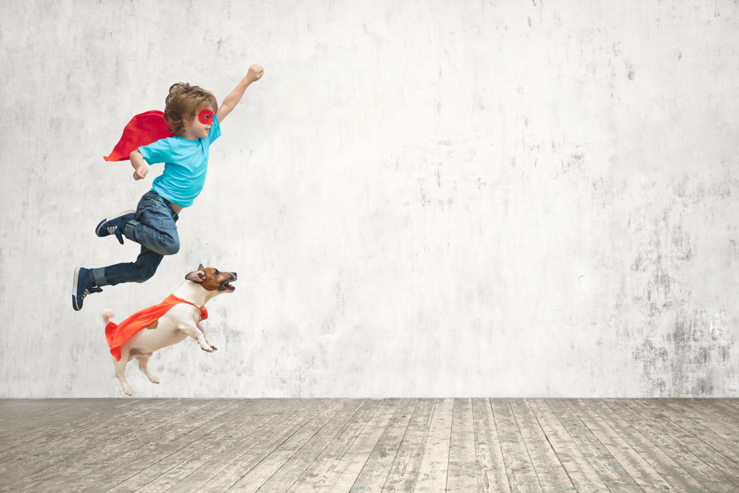 dog and boy wearing capes and flying